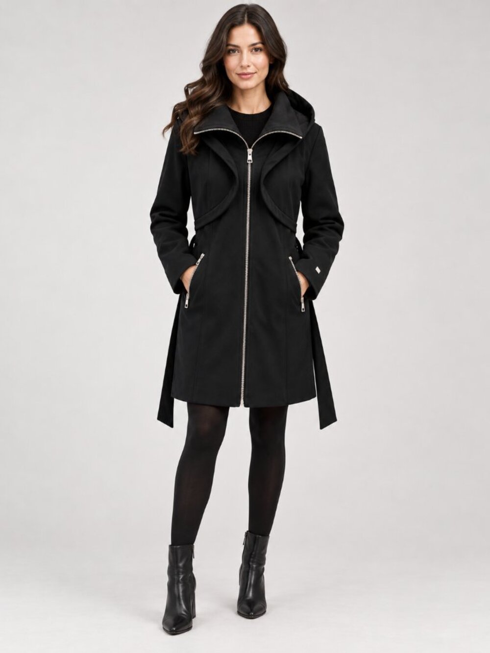 Soia & Kyo Arabella Black Hooded Belted Trench Coat Women L MSRP $350